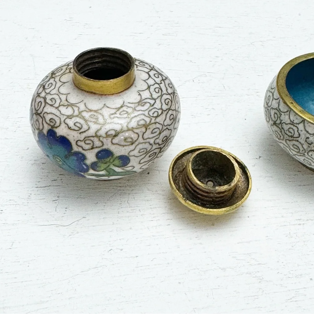 Blue Floral Cloisonné Salt and Pepper Shaker Cellar Vintage Stackable Brass